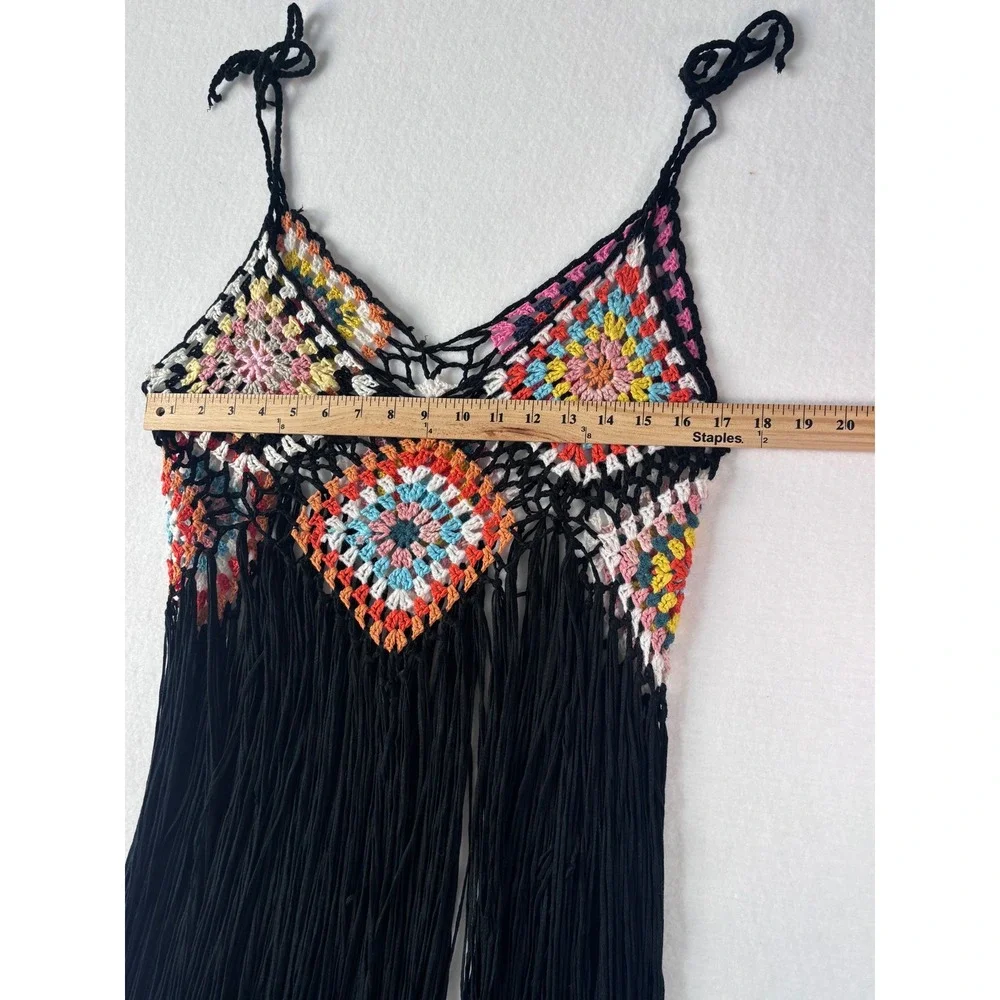 Shein Curve Crochet Granny Square Fringe‎ Top Multi-Color Boho Festival 1XL